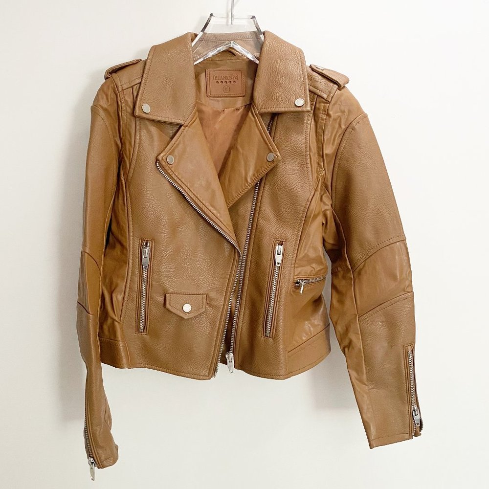 BlankNYC Easy Rider Moto Cognac Brown Faux Leather Jacket Vegan Coat Size Large